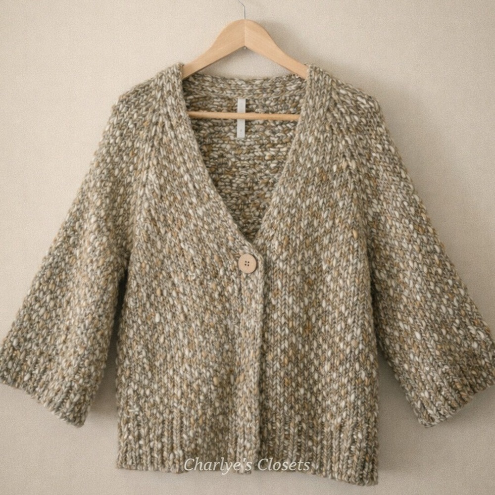Leo & Nicole Petite XL Chunky Cozy Knit Brown Wool‎ Blend Cardigan Earthy Neutra